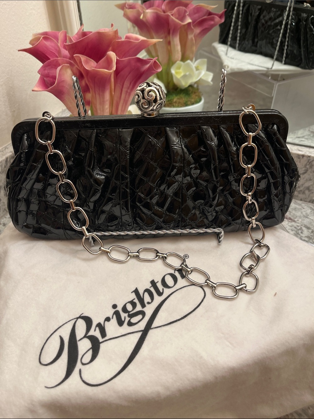 Brighton Black Quilted Patent Leather Chain Clutch with Silver Frame